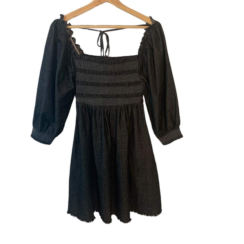 Papermoon Boho Black Denim Mini Dress with Long Sleeves Womens Size Large